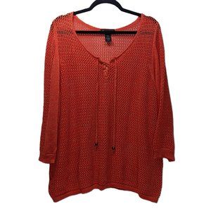 Lane Bryant Sweater Open Knit 3/4 Sleeve Coral Gold Metallic Thread Sz 26/28